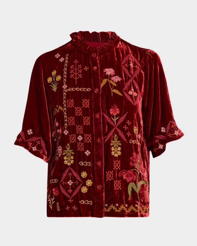 Floral-Embroidered Velvet Shirt